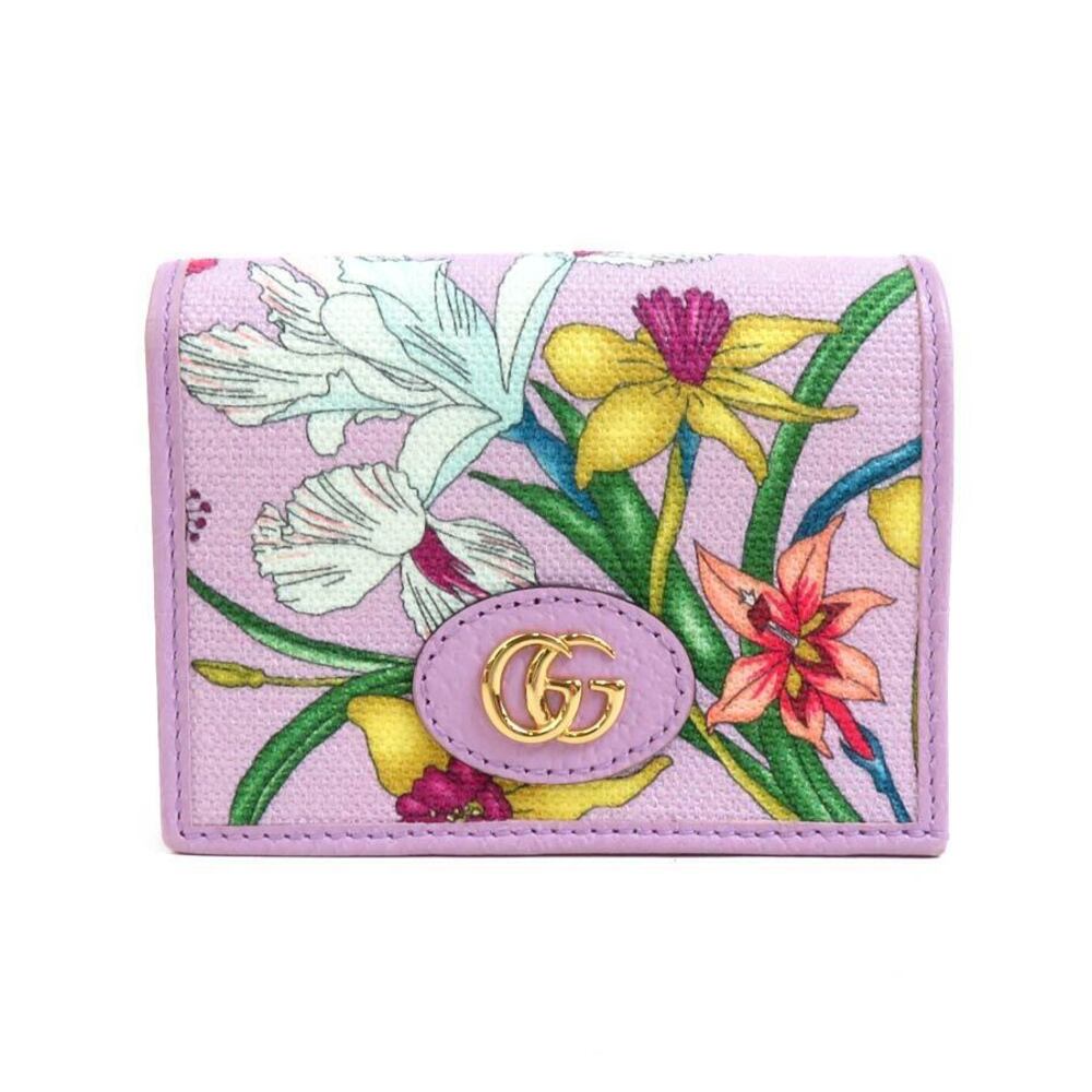Gucci GG Marmont Flora Flower Bifold Wallet Canvas Leather Purple Gold